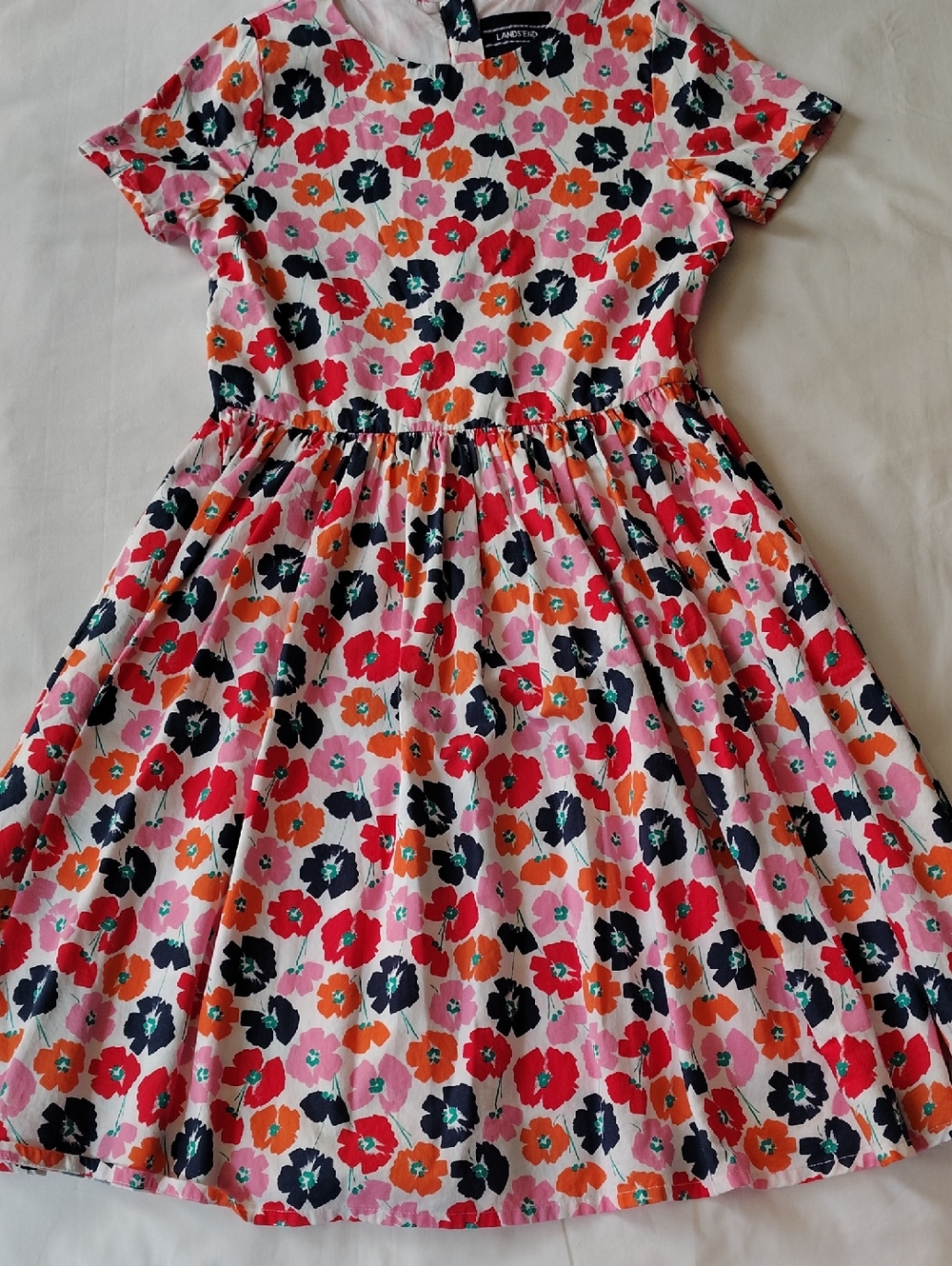 Lands' End Pink Floral Cotton Twirl Dress with Red, Orange & Navy Blooms EUC 14